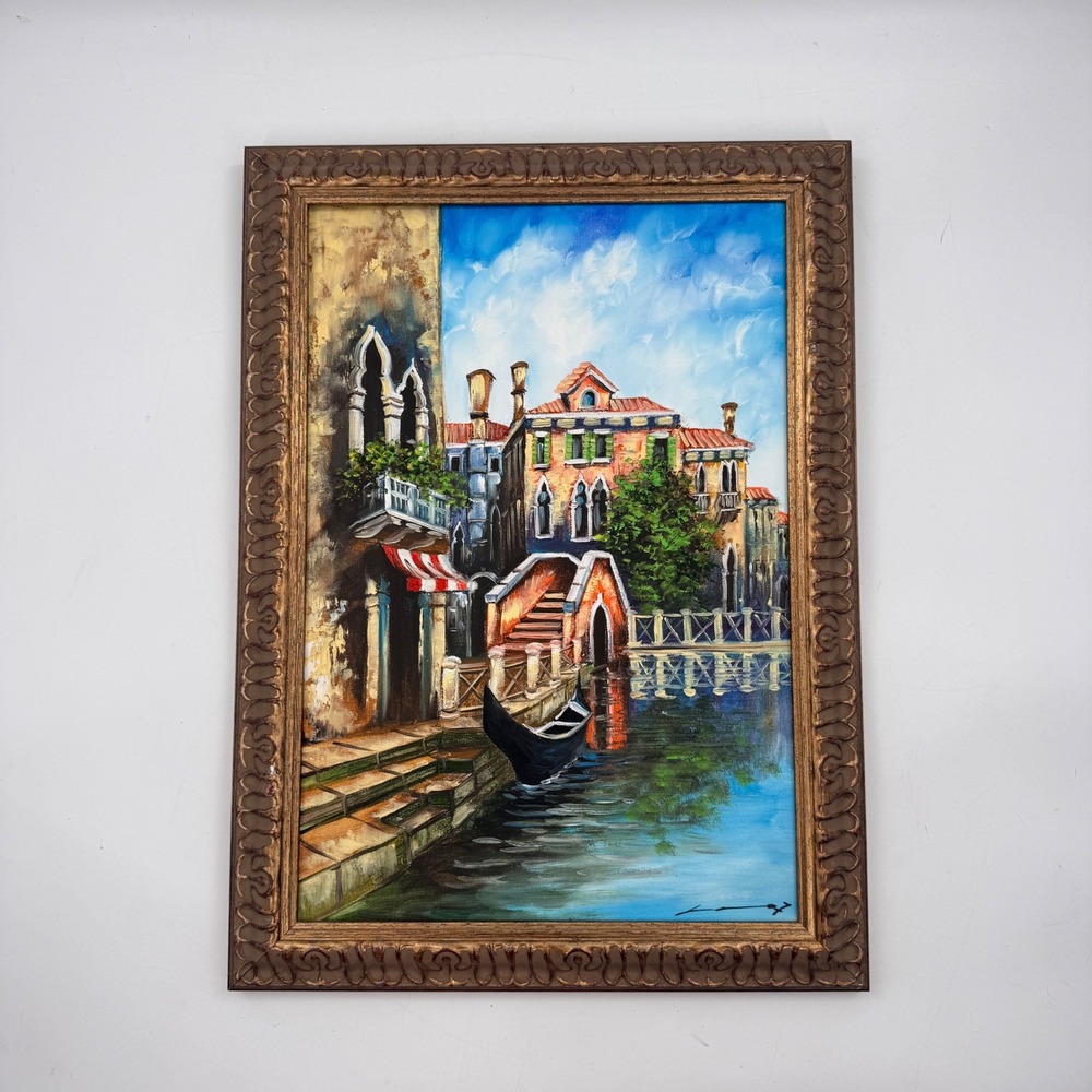 Original Venetian Canal Painting Framed Gondola Bridge Scene 20x15